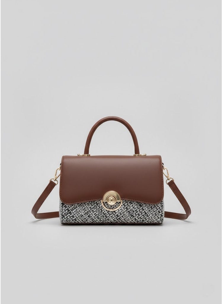 FUMES Mud brown Women’s Handbag – Smooth Finish with Patterned Fabric Panel, Structured Top Handle & Chain Strap, Elegant Office & Evening Bag - Image 5